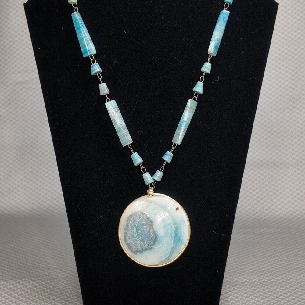 Carved AZTEC SunTurquoise Agate Stone Branded Pendant Necklace 15"L - Picture 1 of 11